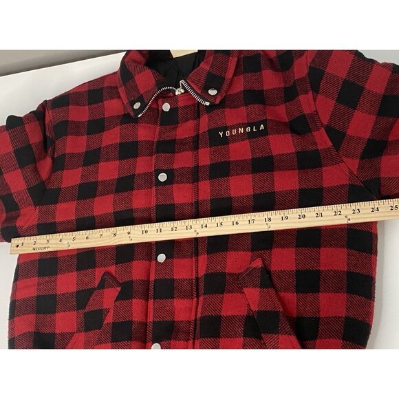 YoungLA Kingpin Jacket Men’s S Red Buffalo Plaid Quilted Lining Full Zip Snap - Picture 14 of 16